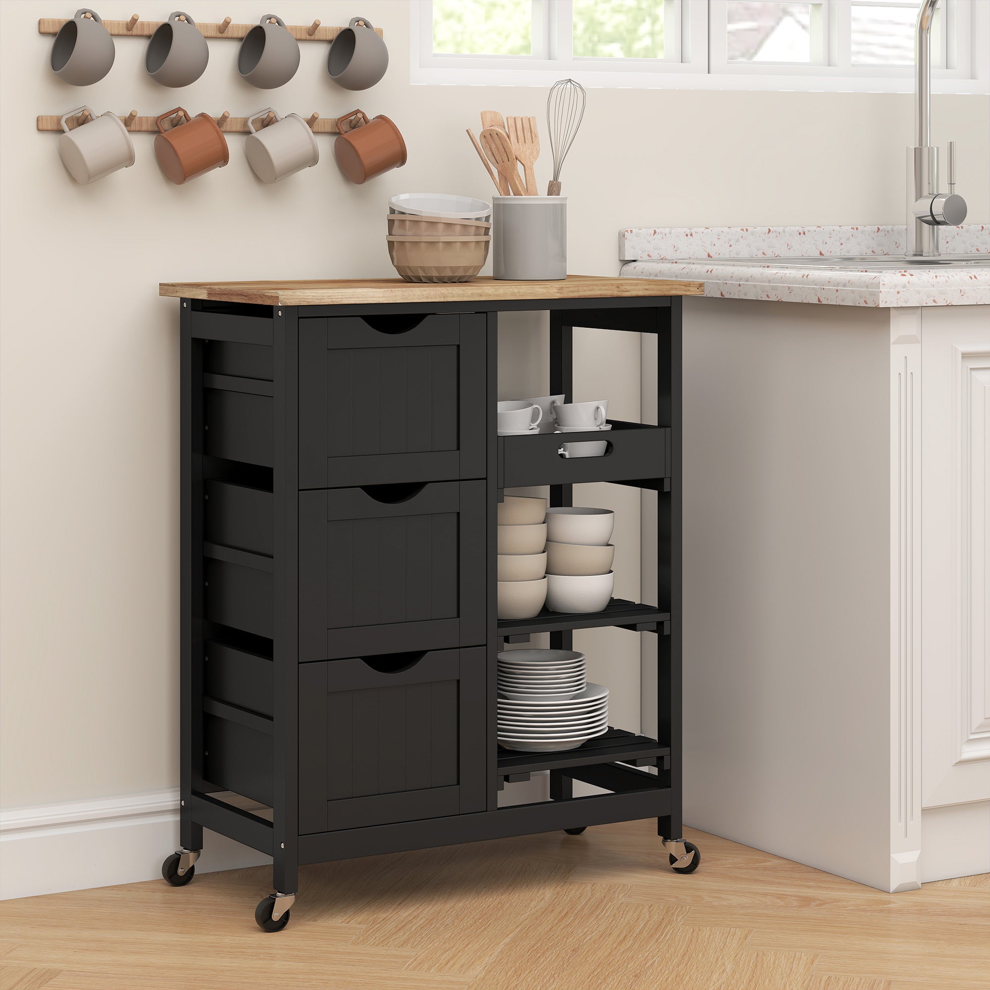 Rolling Kitchen Cart with Drawers & Shelves – Mobile Kitchen Island with Wooden Top