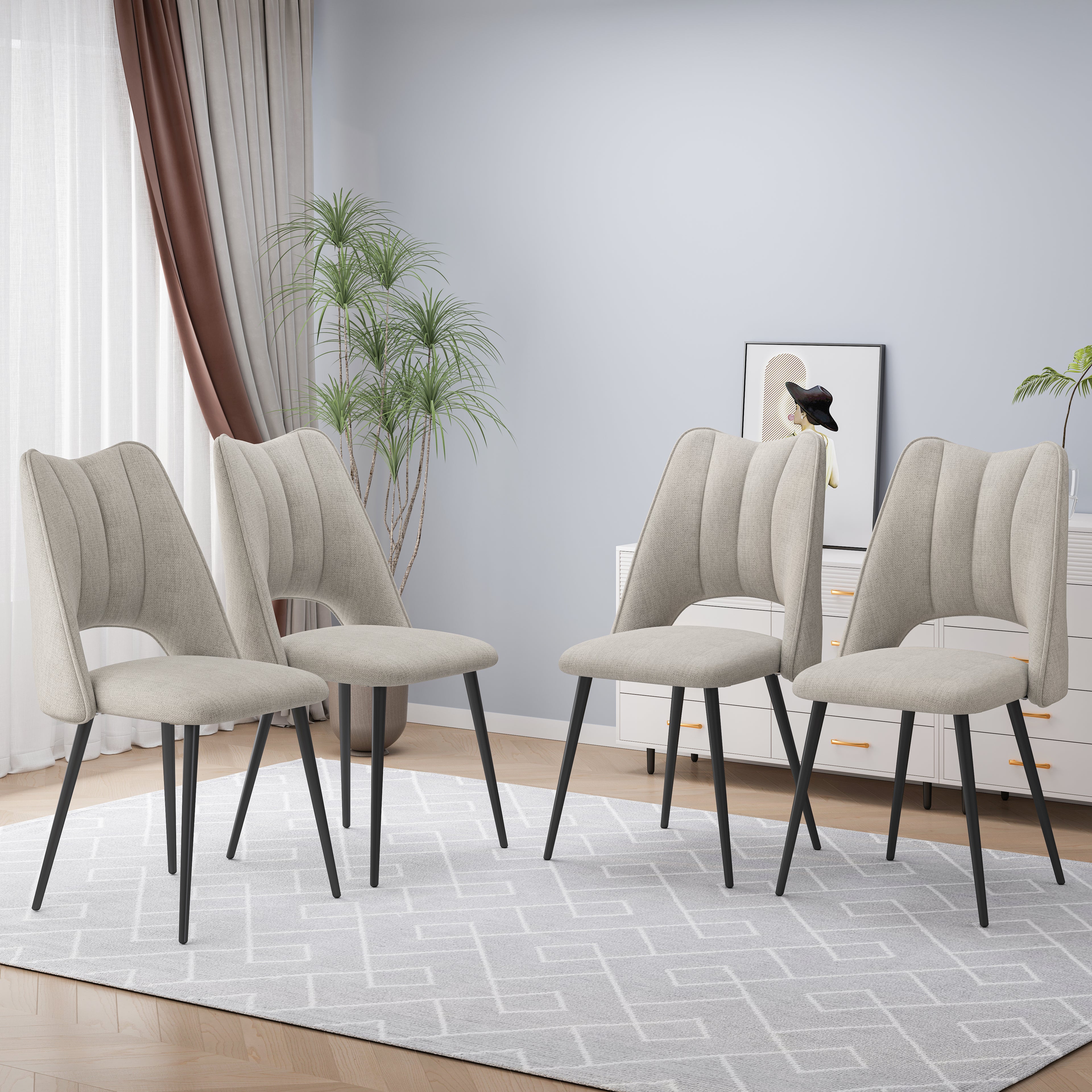 Set of 4 Modern Upholstered Dining Chairs – Linen Fabric with Metal Legs (Beige)