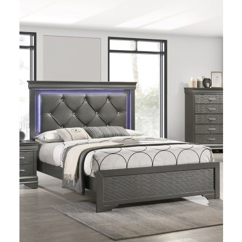 Dark Gray Faux Leather Tufted Queen Size Bed Frame with LED Headboard – Modern Bedroom Furniture