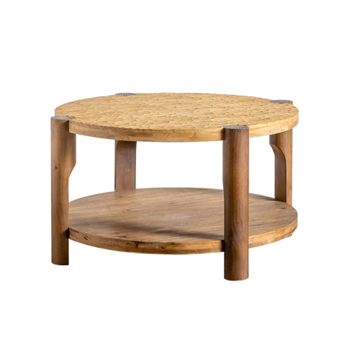 Round Solid Wood Coffee Table with Storage – 2-Tier Mid-Century Modern Design