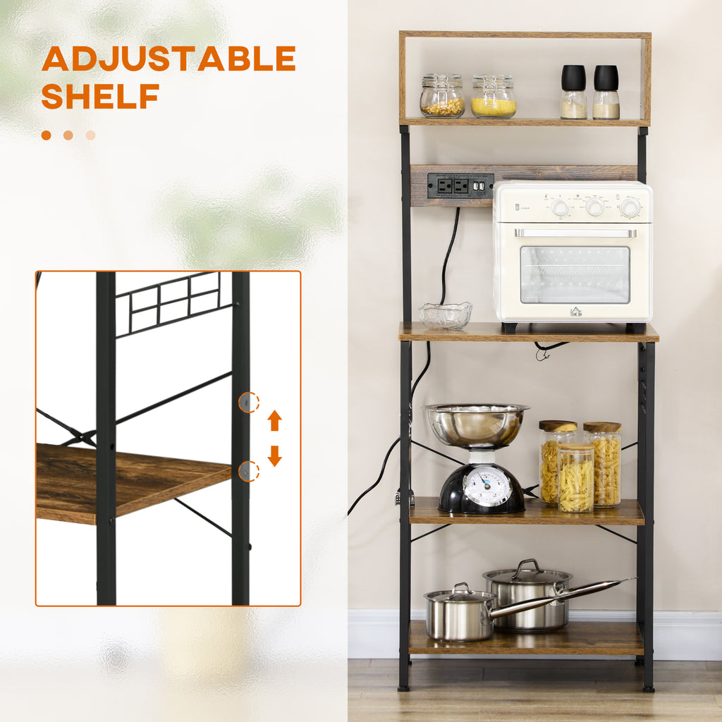 Kitchen Baker’s Rack with Power Outlet, LED Lights & Storage – Rustic Brown Microwave Stand & Coffee Bar Station