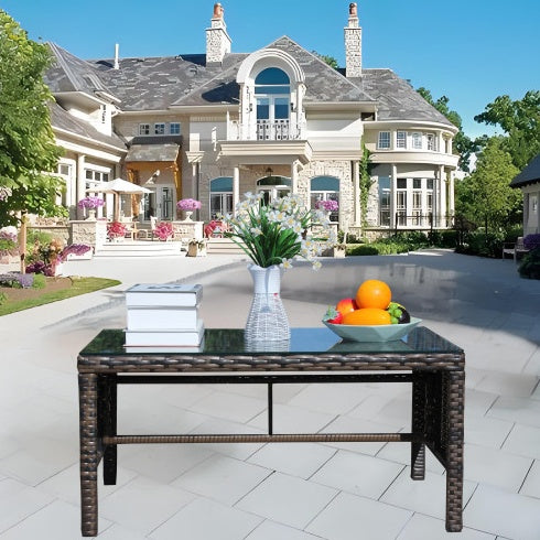 Outdoor Patio Coffee Table with Clear Tempered Glass – Rattan Wicker Table for Garden & Balcony (Brown)