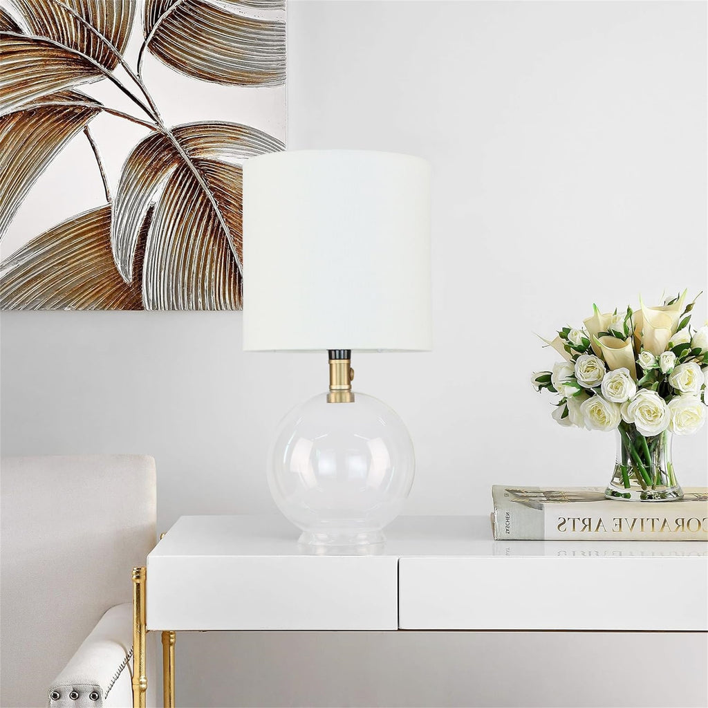 Small Glass Table Lamp for Bedroom – Minimalist Bedside Nightstand Desk Lamp with Fabric Shade