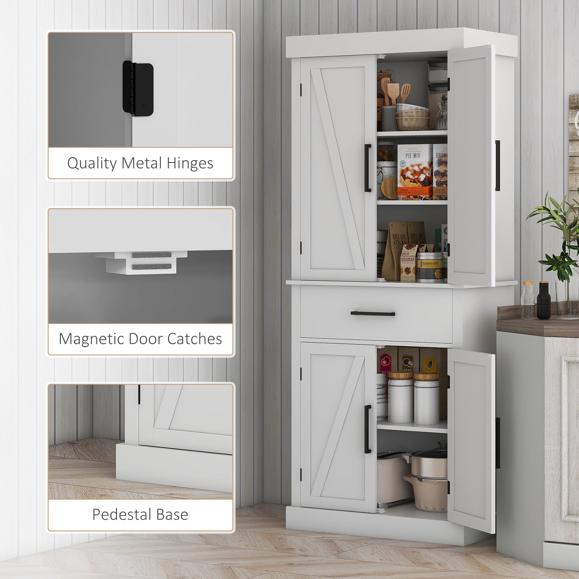 Tall Kitchen Pantry Cabinet with Barn Doors & Adjustable Shelves – Farmhouse Storage Cabinet