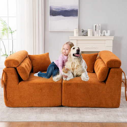 Orange Compression Sofa – 4-Seater Modular Chenille Sofa with Pillows