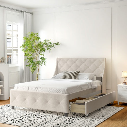 Queen Size Bed Frame with Storage Headboard & Drawers – Silent Metal Platform Bed