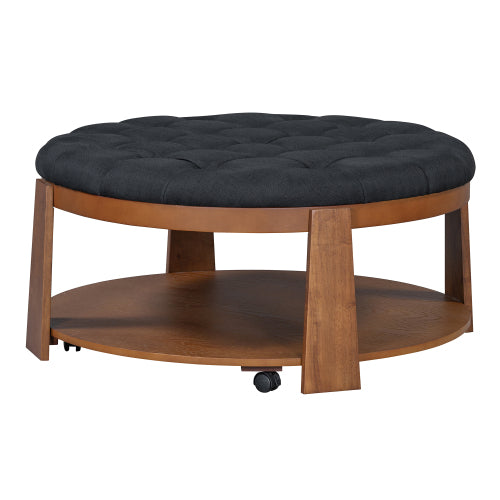Modern Large Round Ottoman Coffee Table – 2-Tier Oversized Button Tufted Ottoman with Wood Shelf Storage