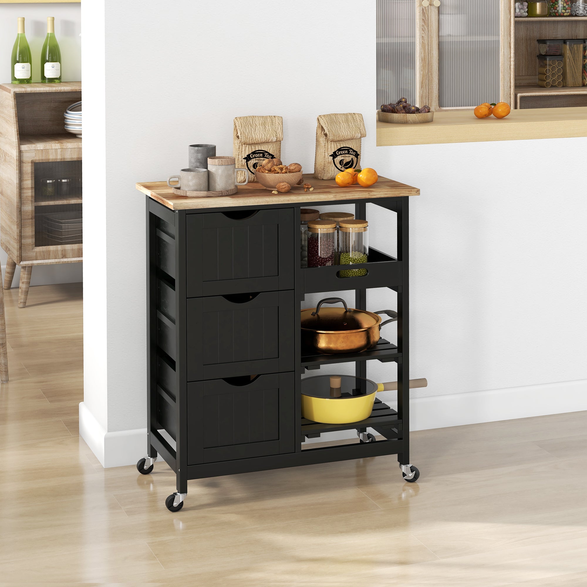 Rolling Kitchen Cart with Drawers & Shelves – Mobile Kitchen Island with Wooden Top