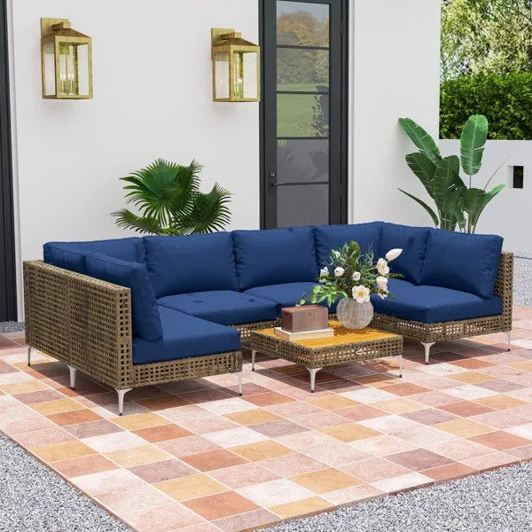 7-Piece Outdoor Patio Furniture Set – Modular Rattan Sectional Sofa with Cushions & Coffee Table