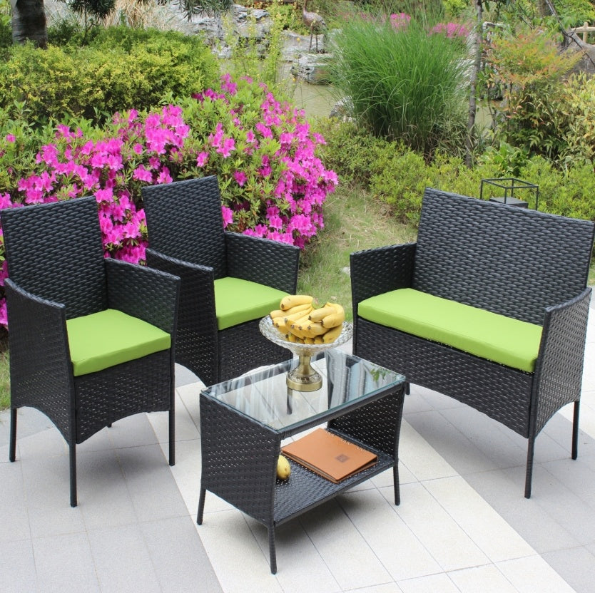 4-Piece Rattan Patio Furniture Set – Outdoor Wicker Sofa Set with Green Cushions