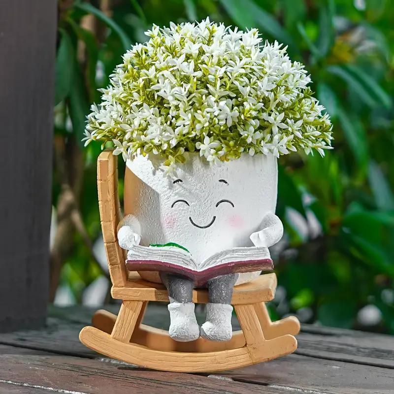 2-Piece Cute Character Reading Rocking Chair Resin Flower Pots – Indoor & Outdoor Decorative Planters