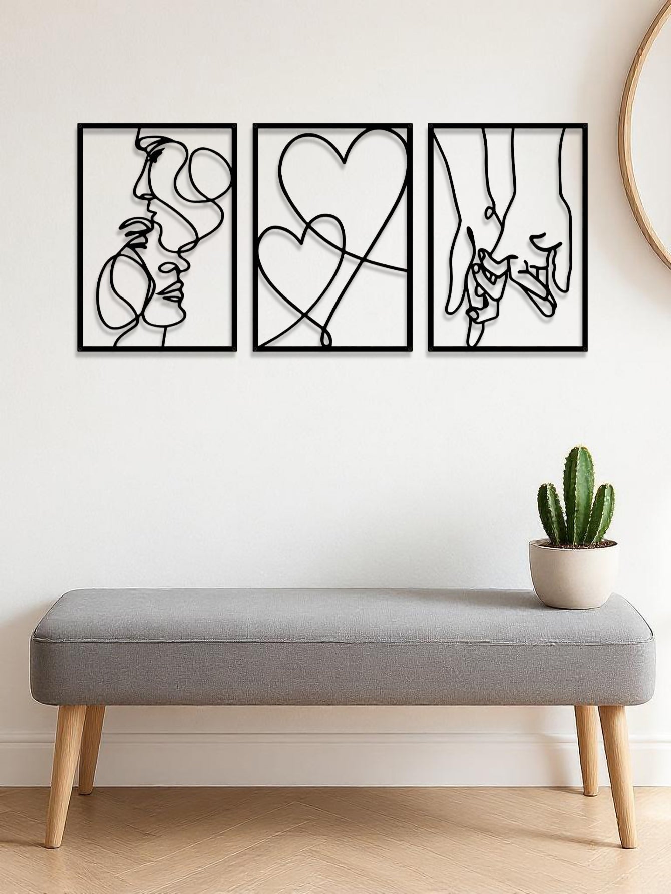 3-Piece Romantic Metal Wall Art Set – Minimalist Couple Silhouette Line Art