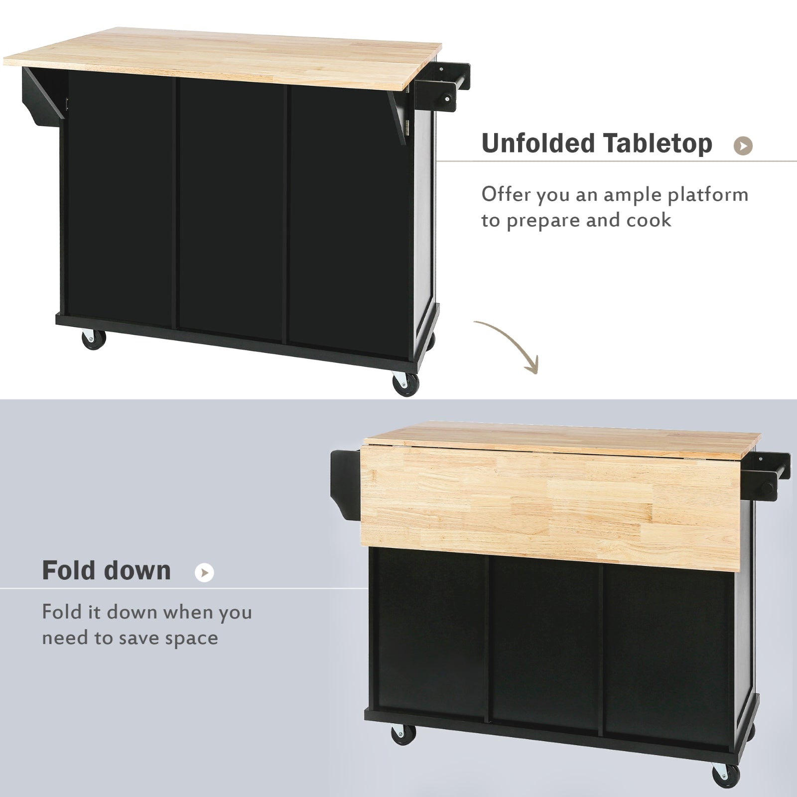 Kitchen Cart with Rubberwood Drop-Leaf Countertop & Storage Cabinet – Rolling Kitchen Island on Wheels, Black