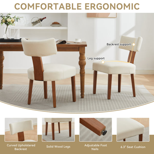 Set of 2 Modern Armless Dining Chairs – Linen Fabric Upholstered Chairs with Curved Back & Solid Wood Legs (Beige)
