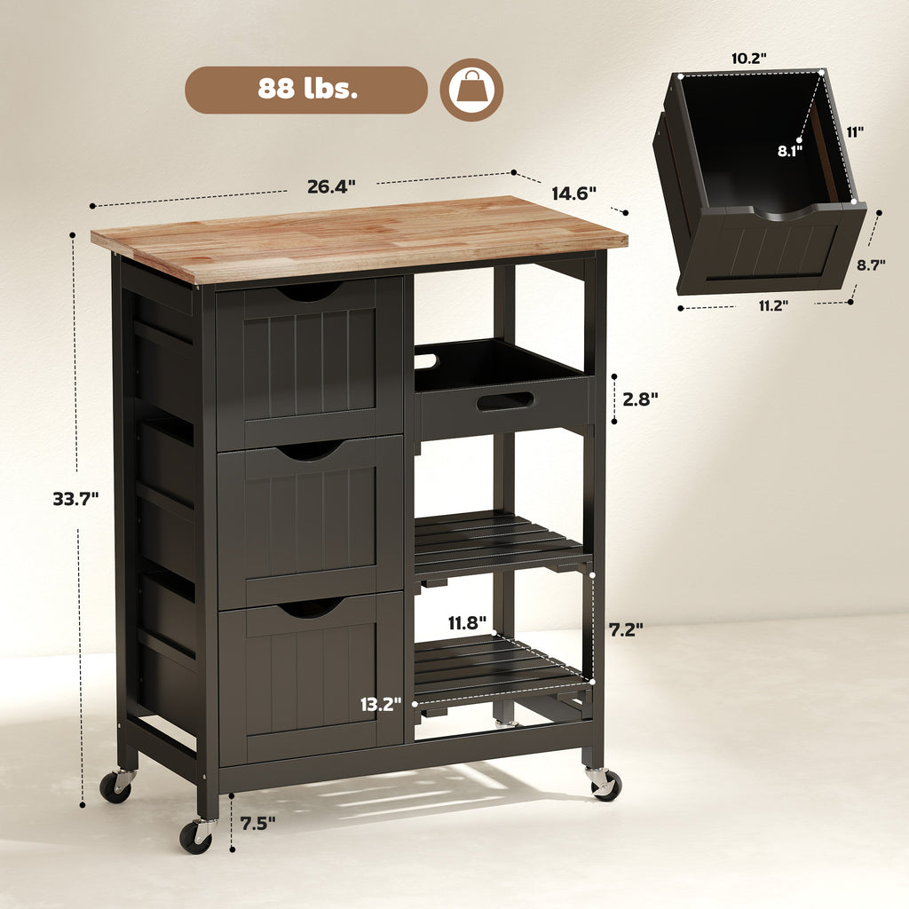 Rolling Kitchen Cart with Drawers & Shelves – Mobile Kitchen Island with Wooden Top
