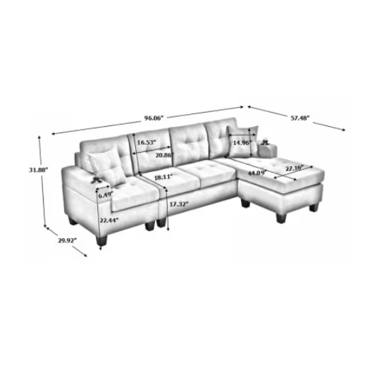 Modern Grey Sectional Sofa – Comfortable Fabric 2-Piece L-Shaped Couch with Cup Holders and Pillows