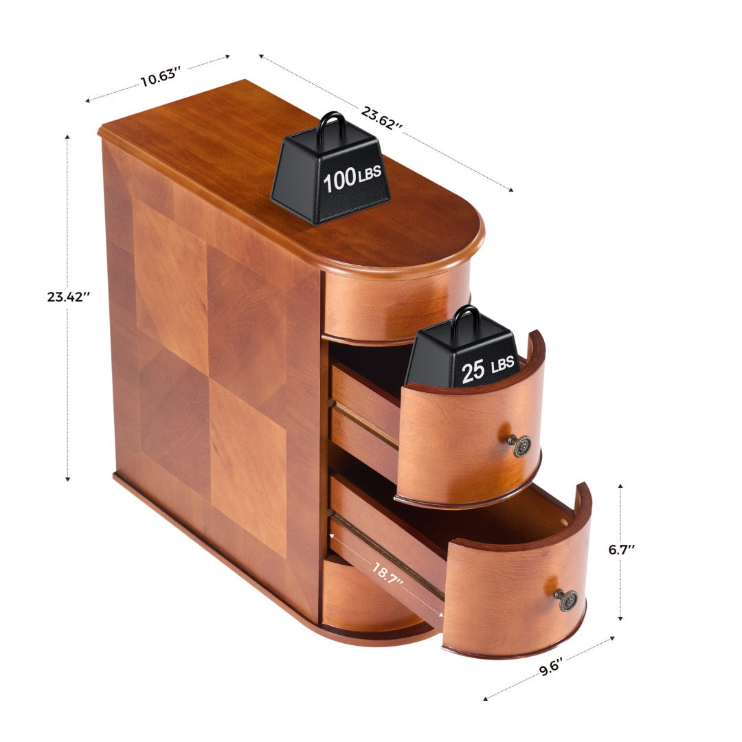 Vintage Side End Table with 2 Drawers – Tall Nightstand with Curved Edge (Brown)