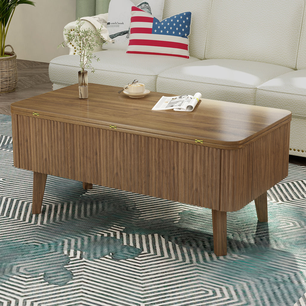 Lift Top Coffee Table – Modern Fluted Convertible Dining Table with Storage (Walnut)