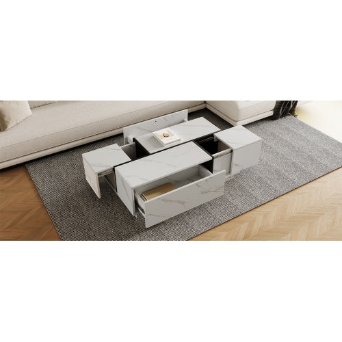 Rectangular Sliding Top Coffee Table with 2 Drawers & Hidden Storage – Modern White Living Room Table 47.2”