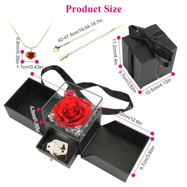 Valentine Special Preserved Red Real Rose with Heart Necklace – Eternal Flower Gift for Women