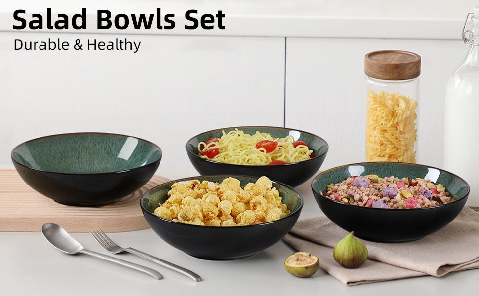 Creative Peacock Green Kiln-Change Ceramic Bowl Set  – Microwave, Oven & Dishwasher Safe Serving Bowls