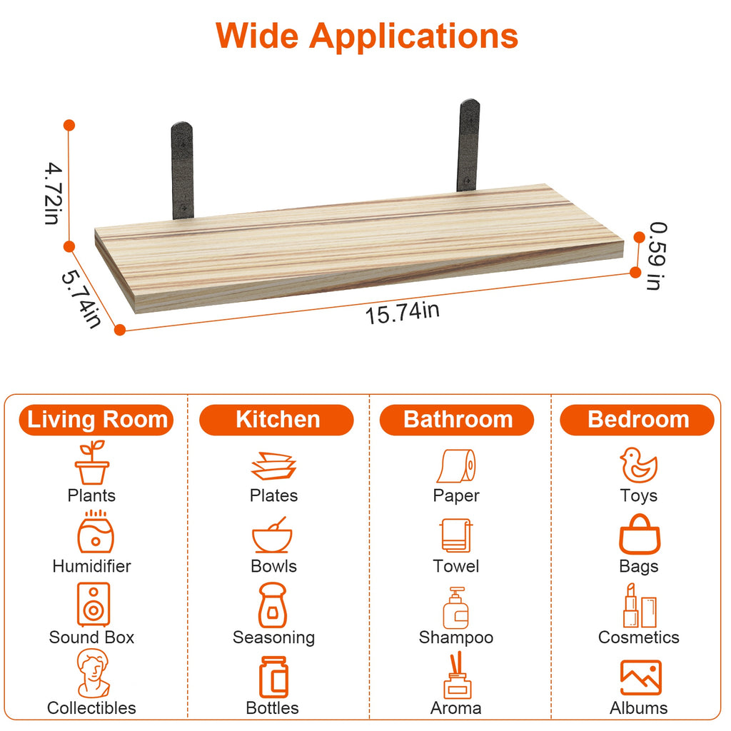6 Sets Floating Wall Shelves – Wood Storage Display with Metal Brackets