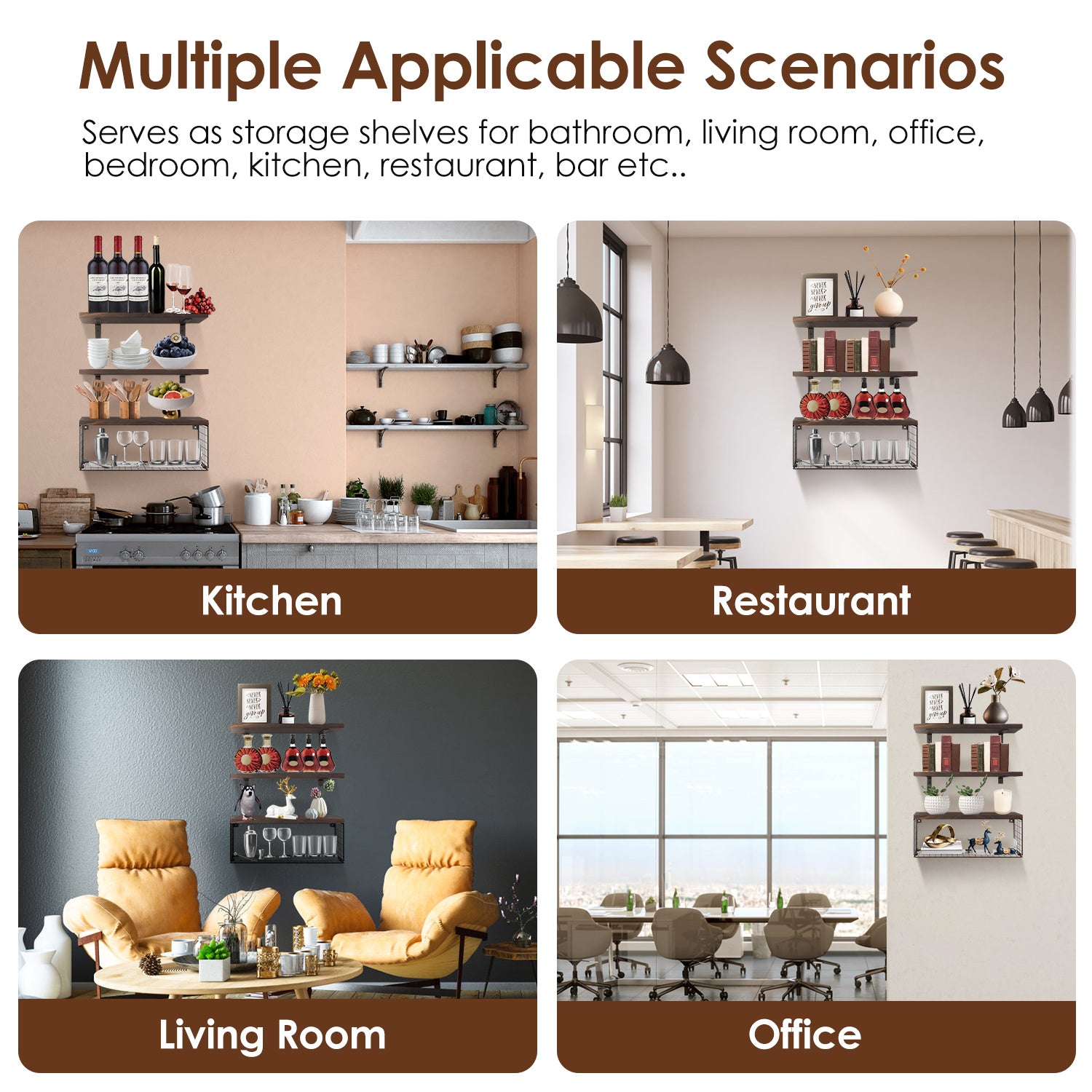 Rustic 2-in-1 Floating Shelves with Storage Basket – Wooden Wall Shelves Organizer