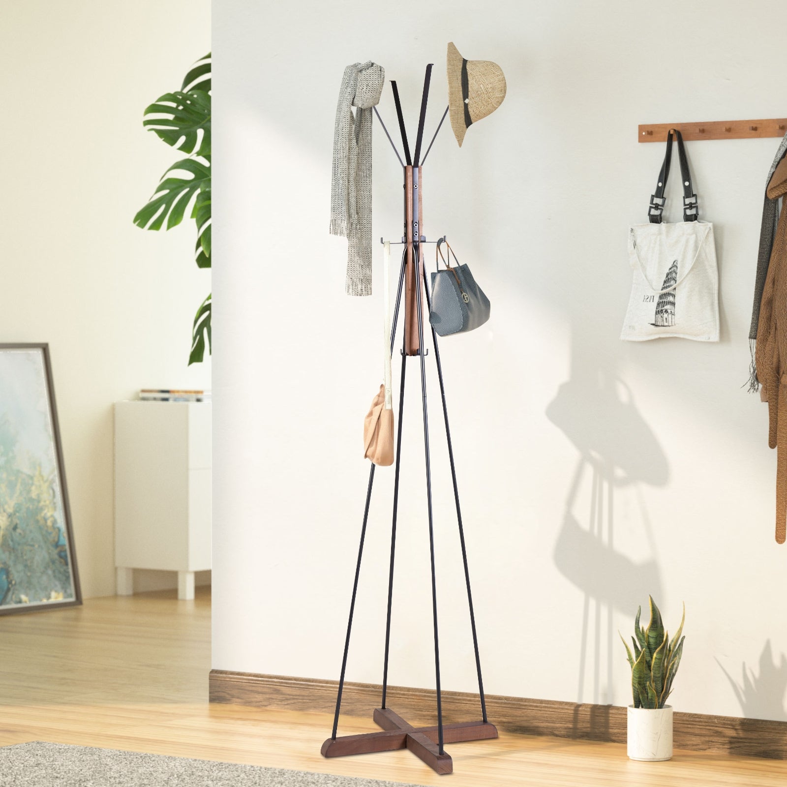 Reclaimed Wood and Metal Freestanding Coat Rack – Stylish Storage Solution for Bedroom, Living Room, and Entryway