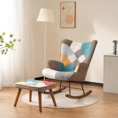 Colorful Patchwork Rocking Chair with Footrest – Leisure Lounge Rocker for Living Room & Relaxation