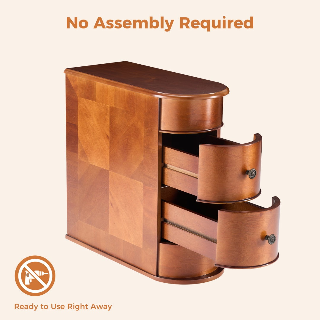 Vintage Side End Table with 2 Drawers – Tall Nightstand with Curved Edge (Brown)