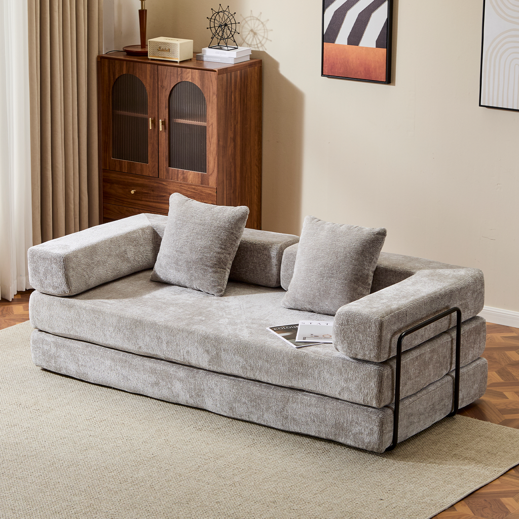 Convertible Floor Couch Sofa Bed – 3-Seat Chenille Compression Futon with Memory Foam (Light Grey)