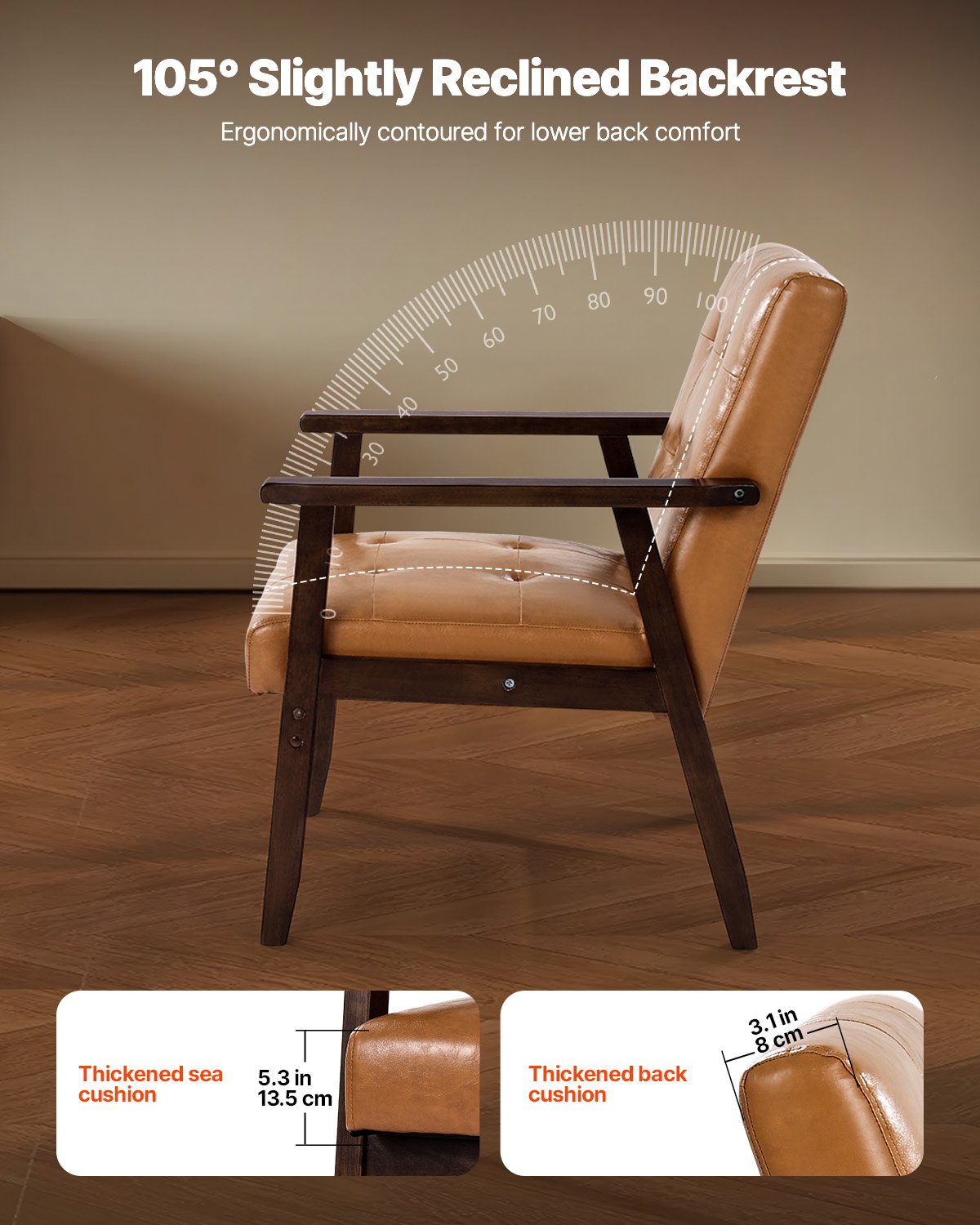 Mid-Century Modern Accent Chair – Upholstered Armchair with Solid Wood Frame & PU Leather Cushion