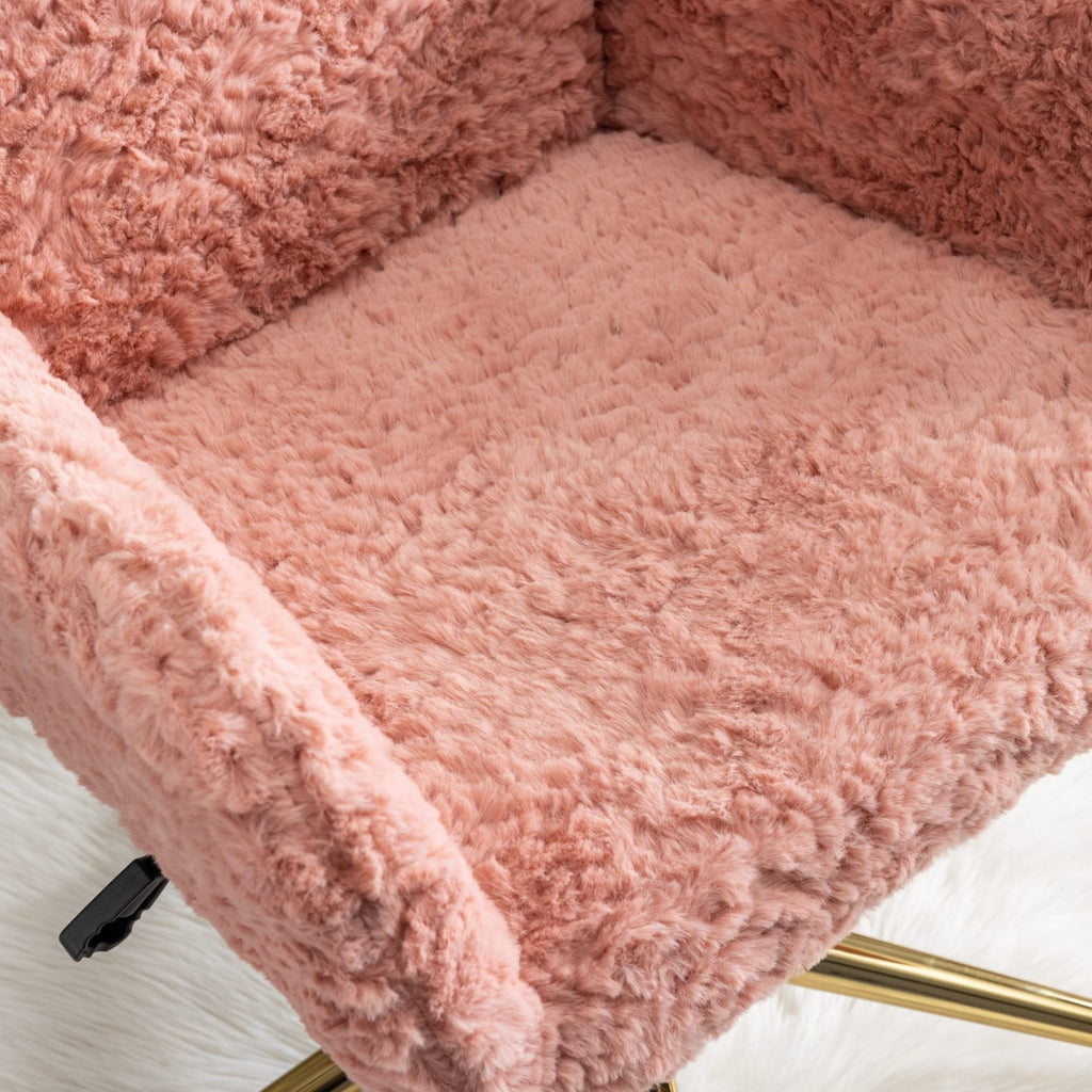 A&A Furniture Pink Office Chair – Faux Rabbit Fur Adjustable Swivel Desk & Vanity Chair with Gold Metal Base