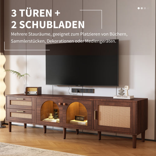 180cm Brown TV Cabinet with Rattan Drawers, Glass Doors & LED Lighting – Modern Entertainment TV Stand