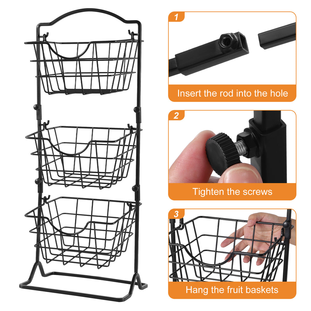Simple Multi-Layer Iron Storage Shelf – 3-Tier Fruit & Vegetable Basket (Black)
