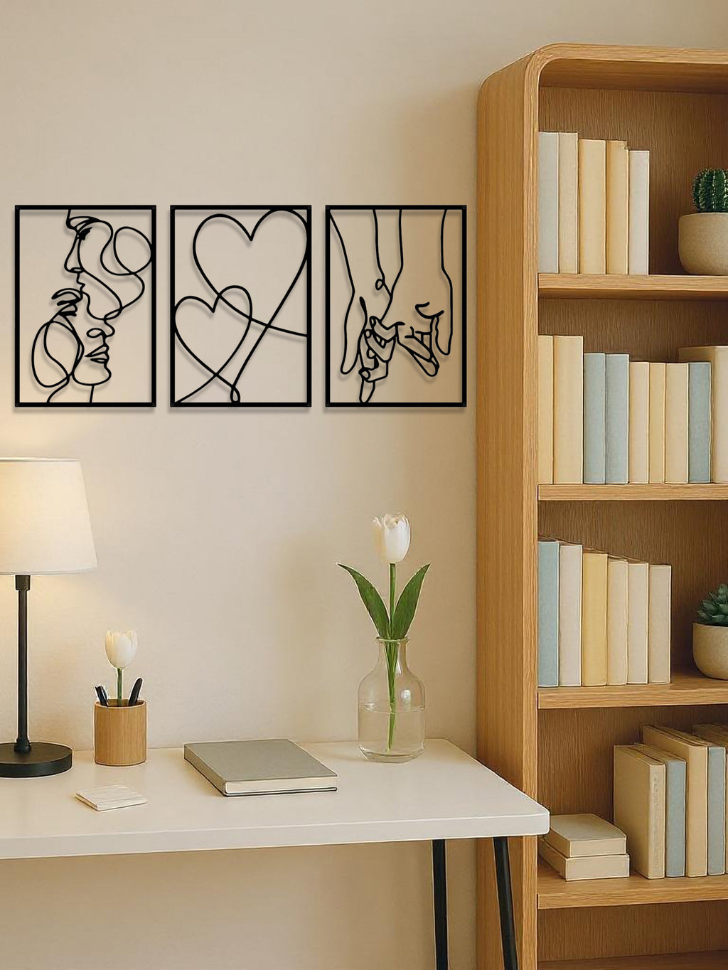 3-Piece Romantic Metal Wall Art Set – Minimalist Couple Silhouette Line Art