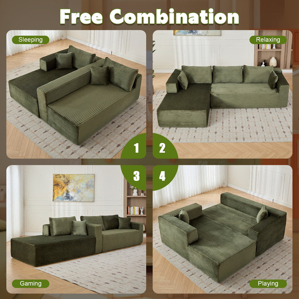 L-Shaped Compression Sofa Bed with Corduroy Fabric – Convertible Sectional Sleeper Couch for Small Apartments & Living Rooms