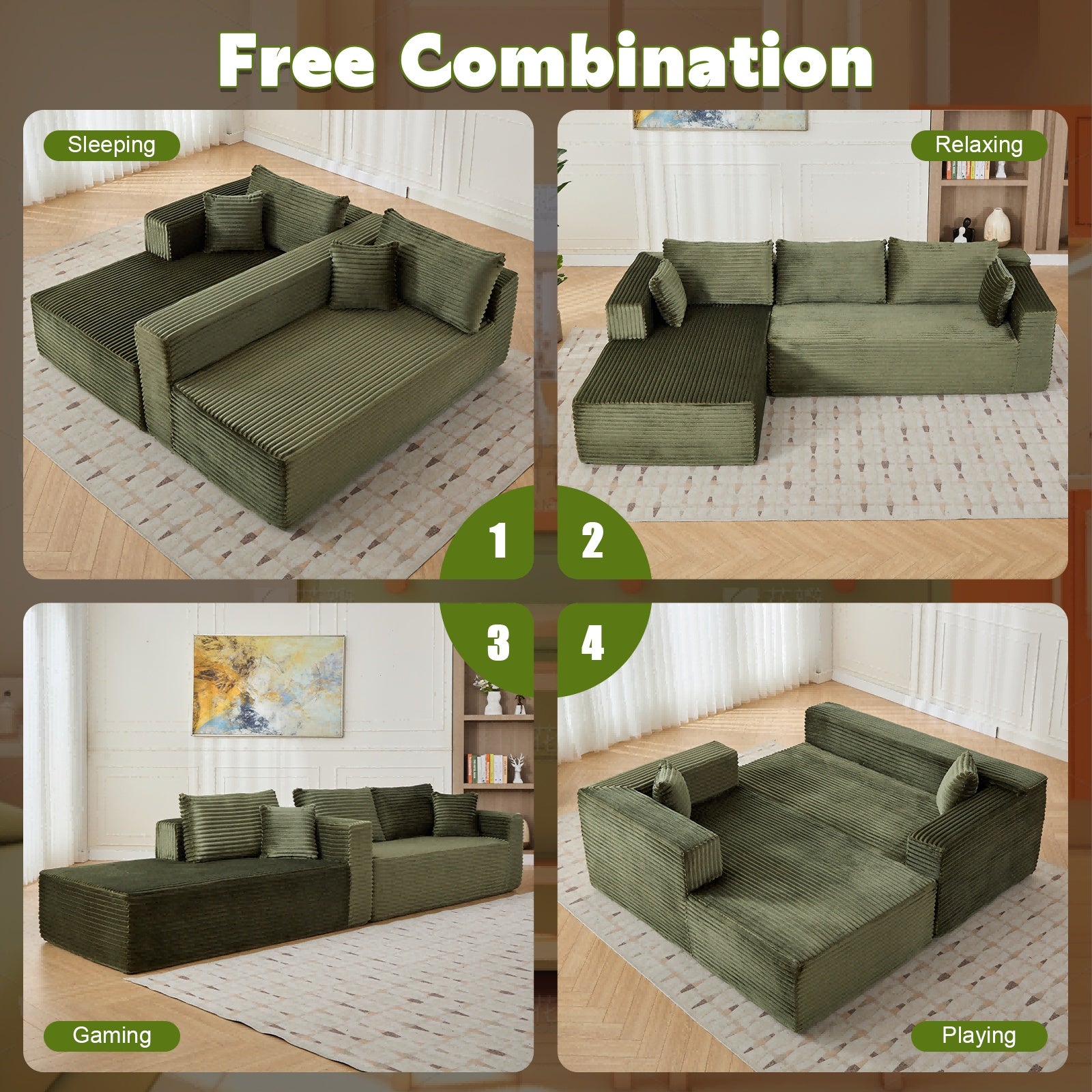L-Shaped Compression Sofa Bed with Corduroy Fabric – Convertible Sectional Sleeper Couch for Small Apartments & Living Rooms
