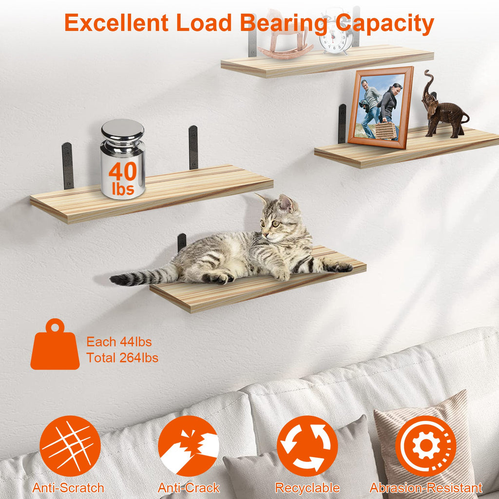6 Sets Floating Wall Shelves – Wood Storage Display with Metal Brackets
