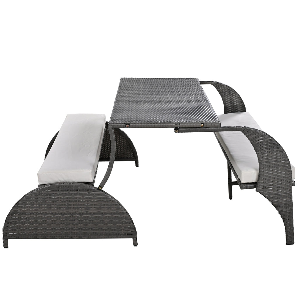 U-Style Outdoor Loveseat Convertible to 4 Seats with Table – HDPE Patio Furniture Set (Beige)