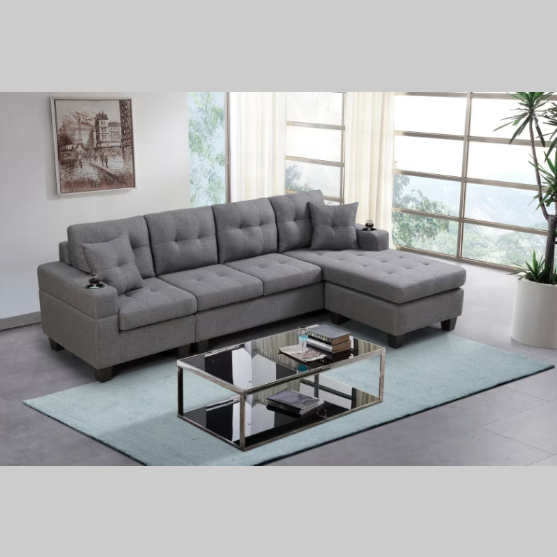 Modern Grey Sectional Sofa – Comfortable Fabric 2-Piece L-Shaped Couch with Cup Holders and Pillows