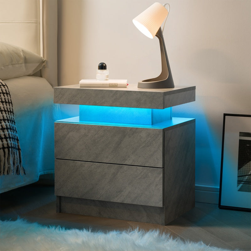 Modern LED Nightstand with 2 Drawers – Deep Gray Bedside Table with Adjustable Cabinet Lights