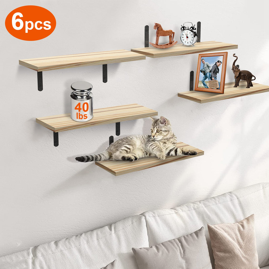 6 Sets Floating Wall Shelves – Wood Storage Display with Metal Brackets