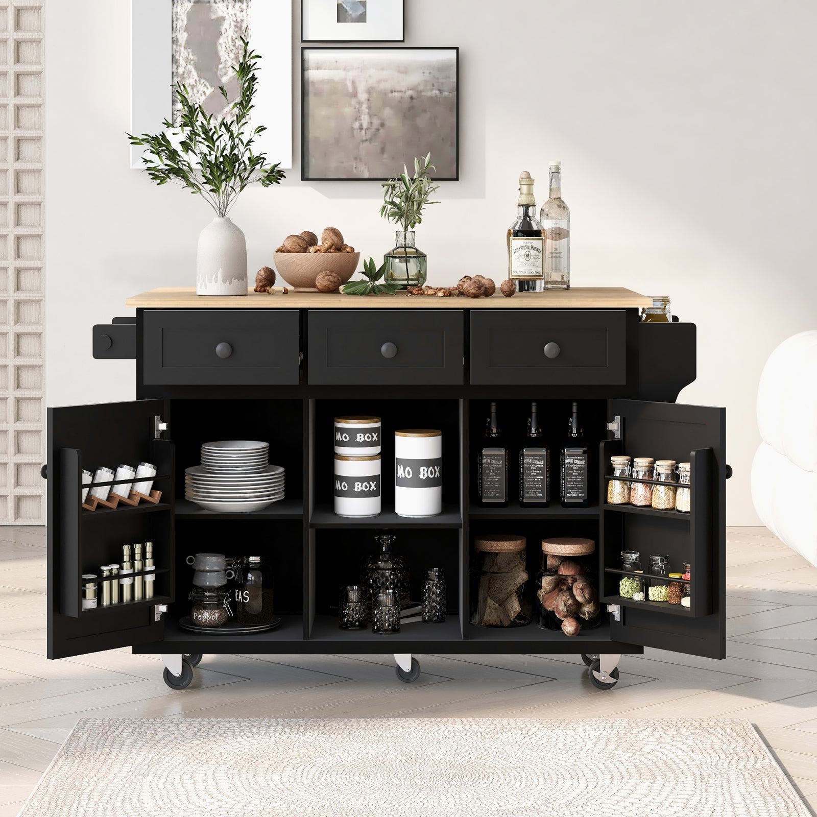 Kitchen Cart with Rubberwood Drop-Leaf Countertop & Storage Cabinet – Rolling Kitchen Island on Wheels, Black