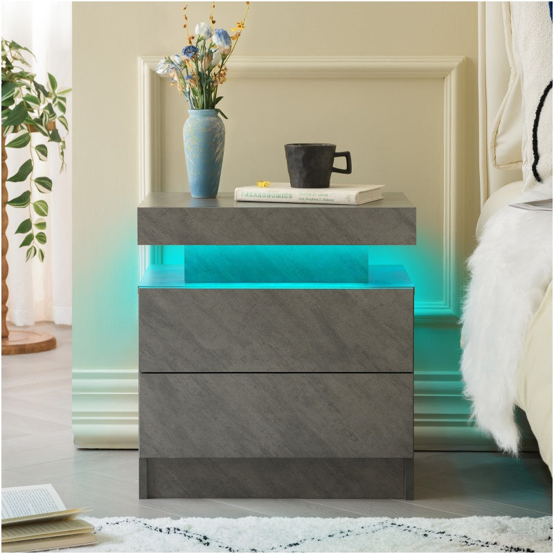 Modern LED Nightstand with 2 Drawers – Deep Gray Bedside Table with Adjustable Cabinet Lights