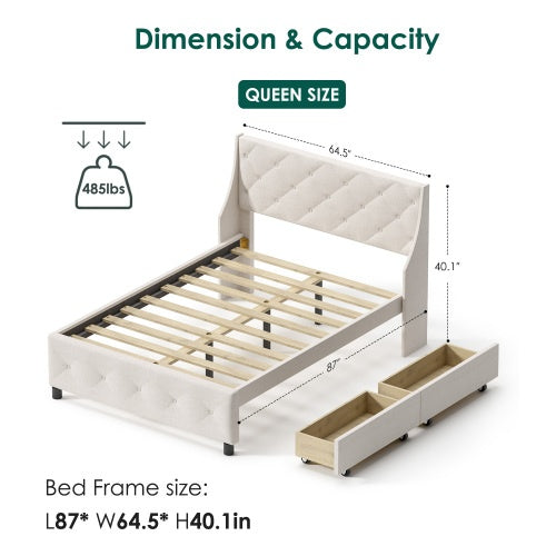Queen Size Bed Frame with Storage Headboard & Drawers – Silent Metal Platform Bed