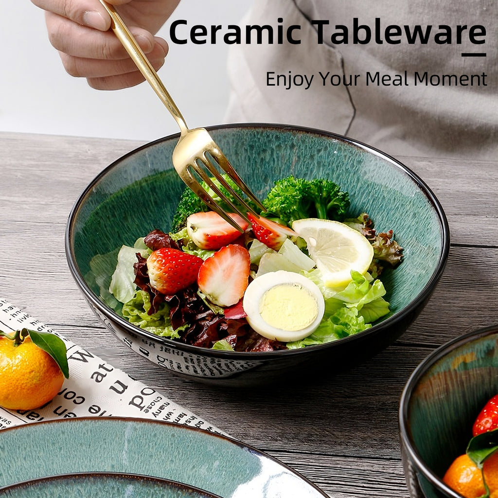Creative Peacock Green Kiln-Change Ceramic Bowl Set  – Microwave, Oven & Dishwasher Safe Serving Bowls