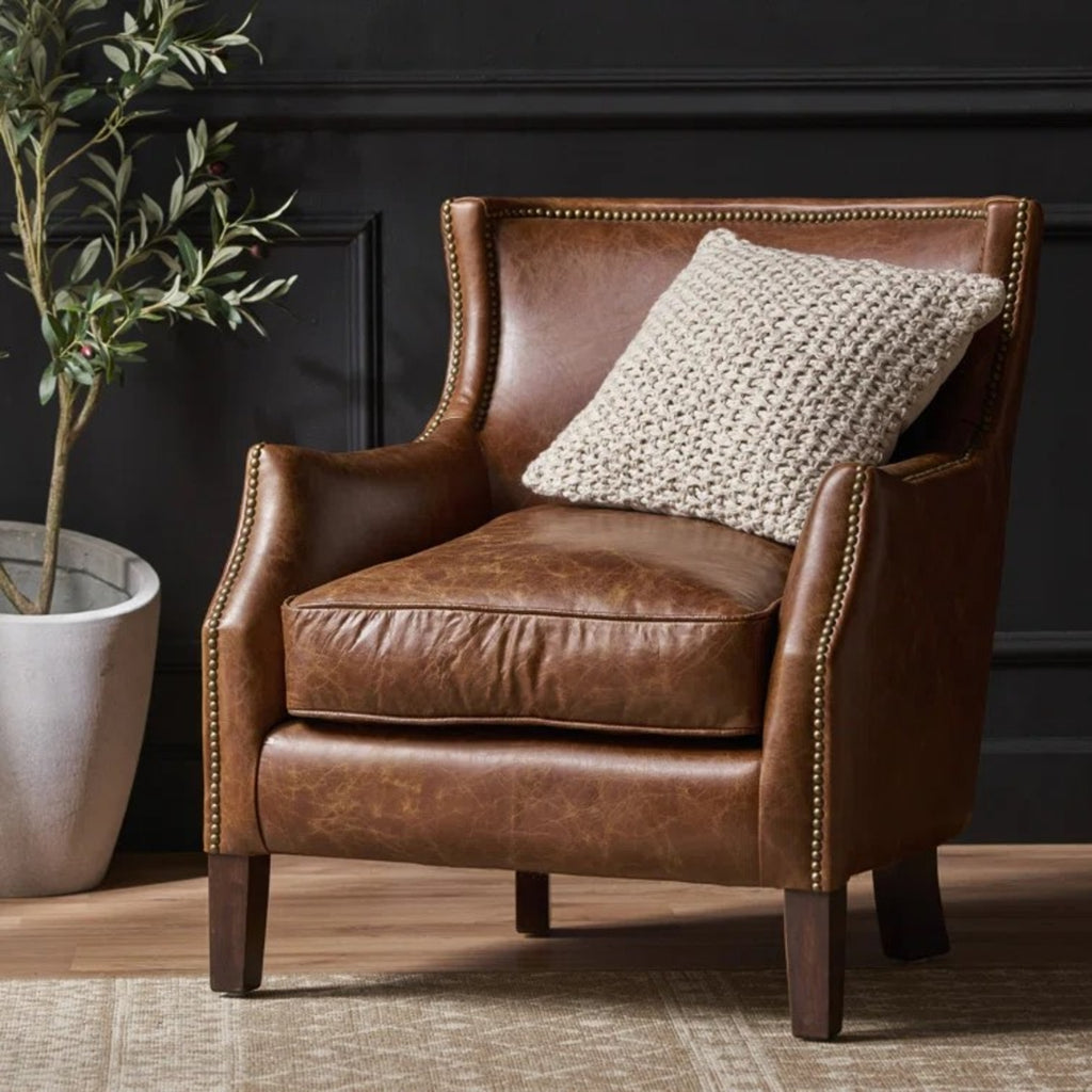 Modern  Brown Top Grain Leather Single Sofa Armchair for Living Room & Office