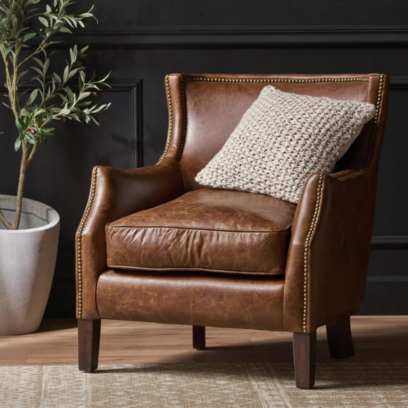 Modern  Brown Top Grain Leather Single Sofa Armchair for Living Room & Office