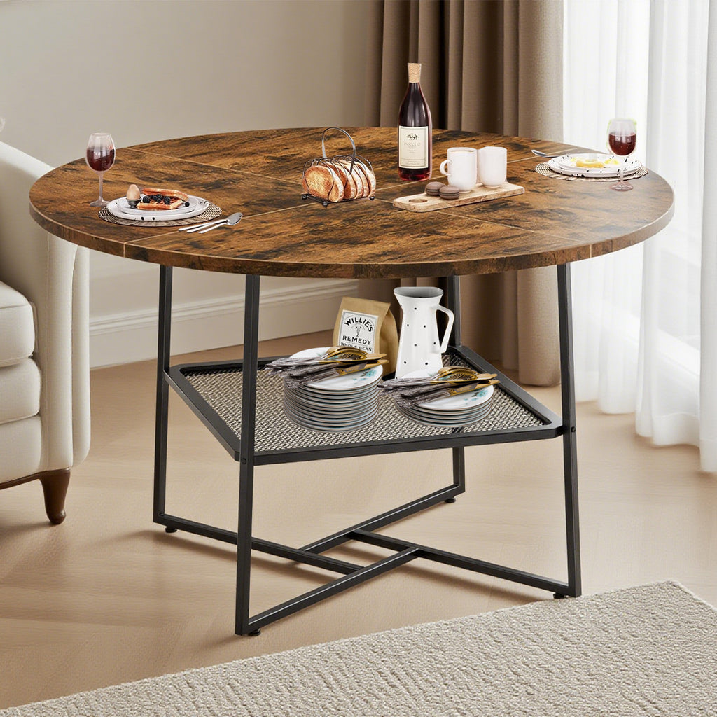 Round Dining Table for 4-6 with Metal Legs and Storage Shelf for living room.